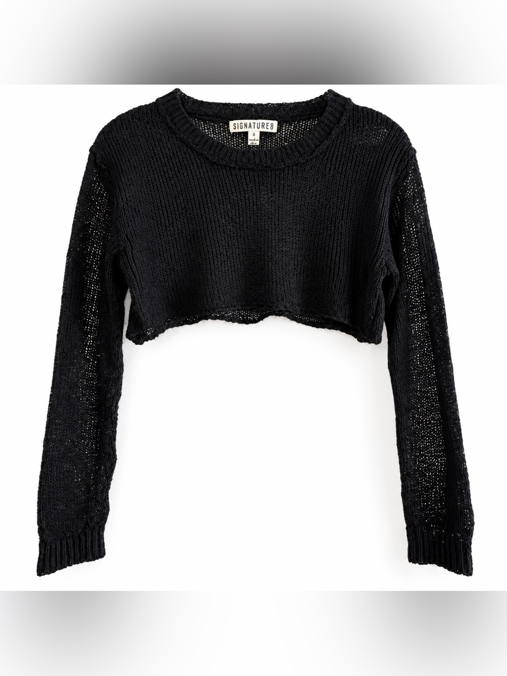Signature 8 Black Ultra Cropped Sheer Open Knit Wool Blend Sweater Size Small